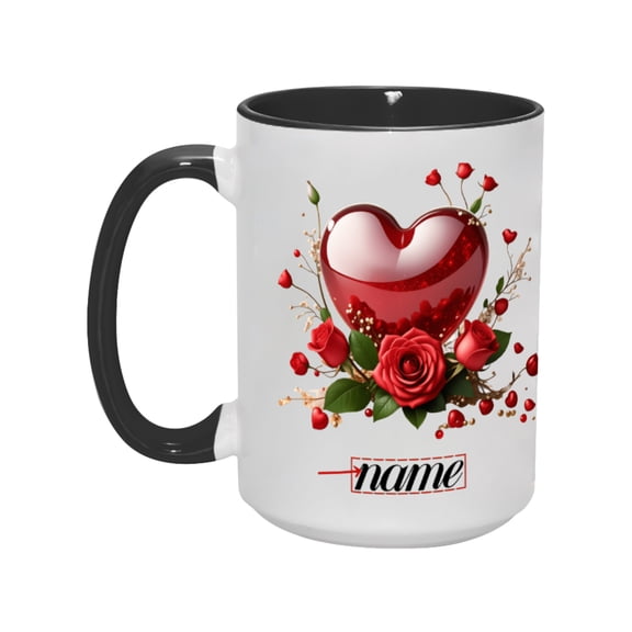 15oz Custom Name Heart & Rose Mug - Personalized Romantic Ceramic Coffee Cup with Red Heart and Rose Design, 15 Ounce, Ideal Gift