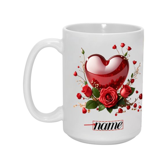 15oz Custom Name Heart & Rose Mug - Personalized Romantic Ceramic Coffee Cup with Red Heart and Rose Design, 15 Ounce, Ideal Gift