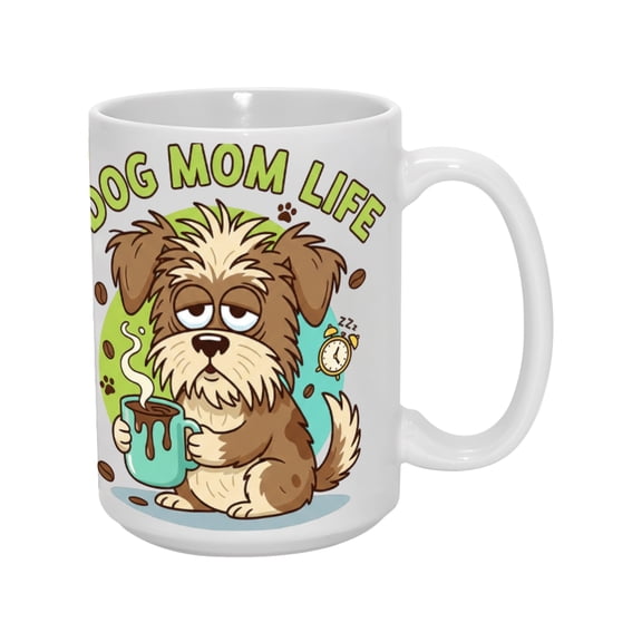 15oz "Dog Mom Life" Ceramic Mug – Cute Cartoon Dog Design, Inspirational Quote Coffee Cup for Pet Lovers