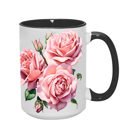 15oz Floral Elegance Rose Print Mug - Beautiful Pink Roses Design, Ceramic Coffee Cup, Gift for Her