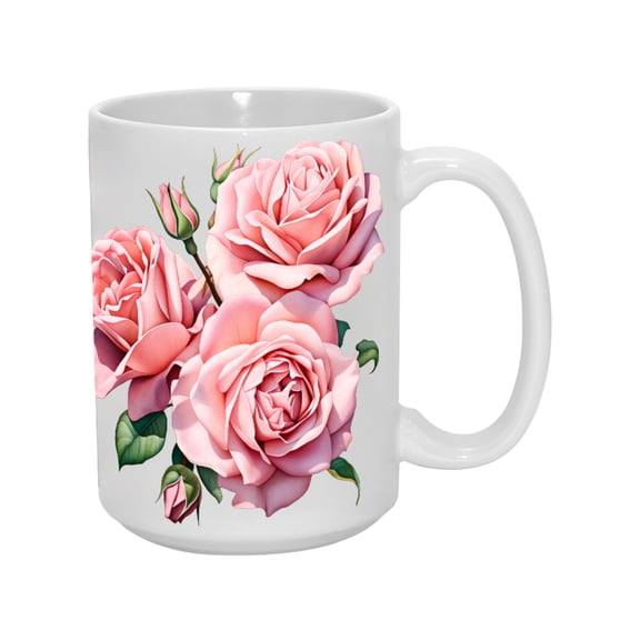15oz Floral Elegance Rose Print Mug - Beautiful Pink Roses Design, Ceramic Coffee Cup, Gift for Her