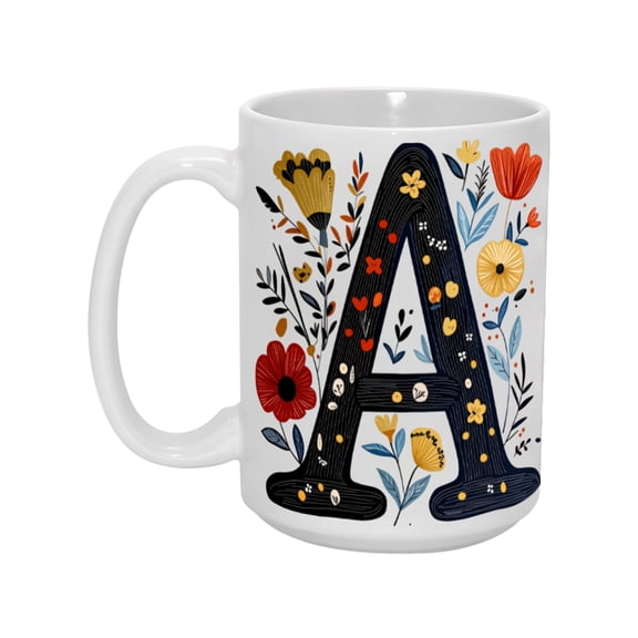 15oz Floral Monogram 'A' Mug - Personalized Ceramic Coffee Cup with Flower Design, Gift for Her