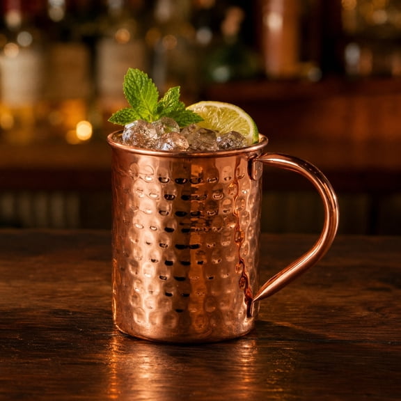 15oz Hammered Moscow Mule Mugs, Handcrafted Copper Plated Cocktail Cups, Curved Handle Drinking Tankards for Beer Whiskey Home Bar, Wedding & Housewarming Gift