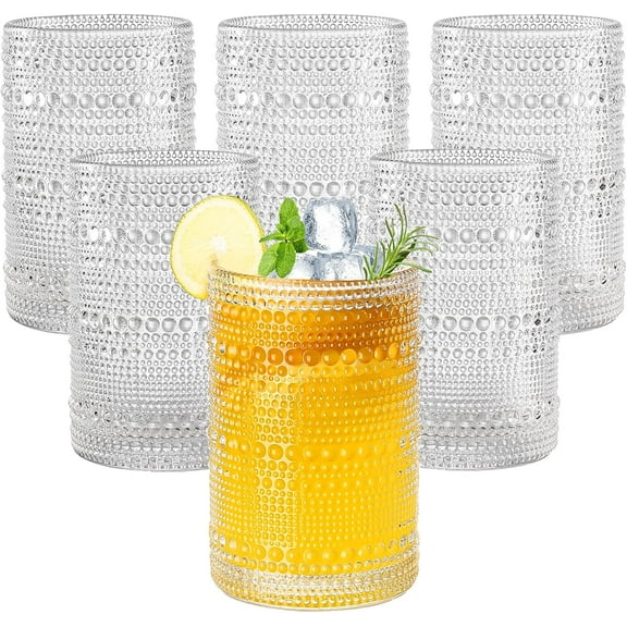 15oz Hobnail Drinking Glasses Set of 6,Clear Vintage Glassware Embossed Water Tumbler,Cocktail Glass Cups for Beer,Whiskey,Juice and Various Mixed Drinks