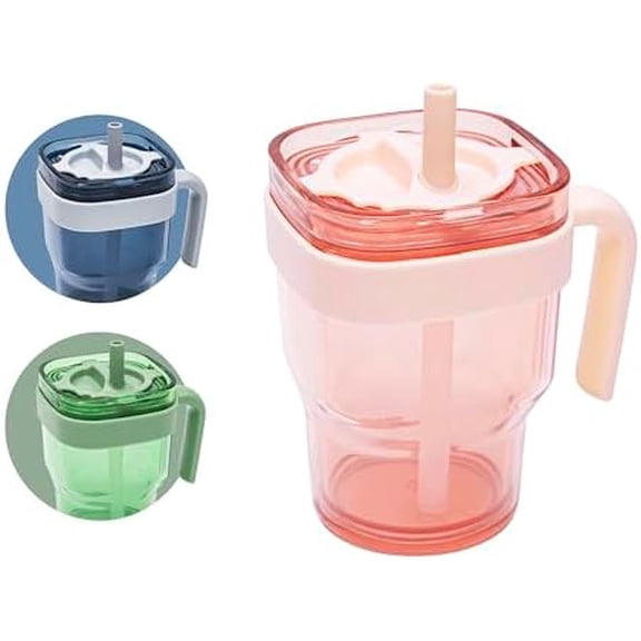 15oz Leakproof Straw Tumbler with Lid and Straw Double Wall Slim Coffee Cup Reusable BPA Free Plastic Travel Mug Integrated Handle Dishwasher Safe