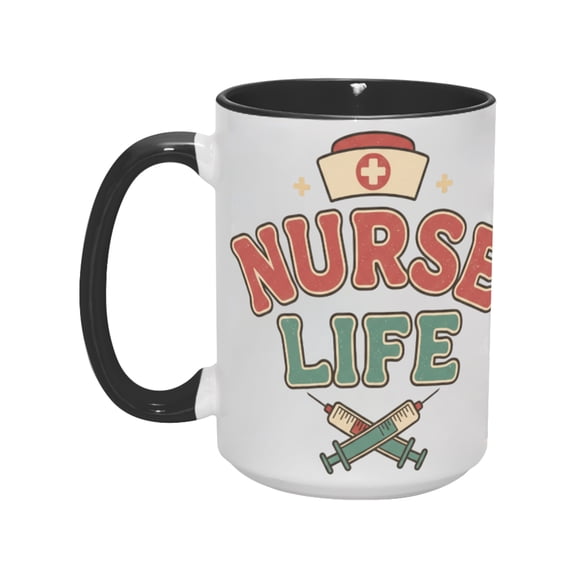 15oz "Nurse Life" Ceramic Mug – Nurse-Themed Coffee Cup with Crossed Syringes & Nurse Hat Design