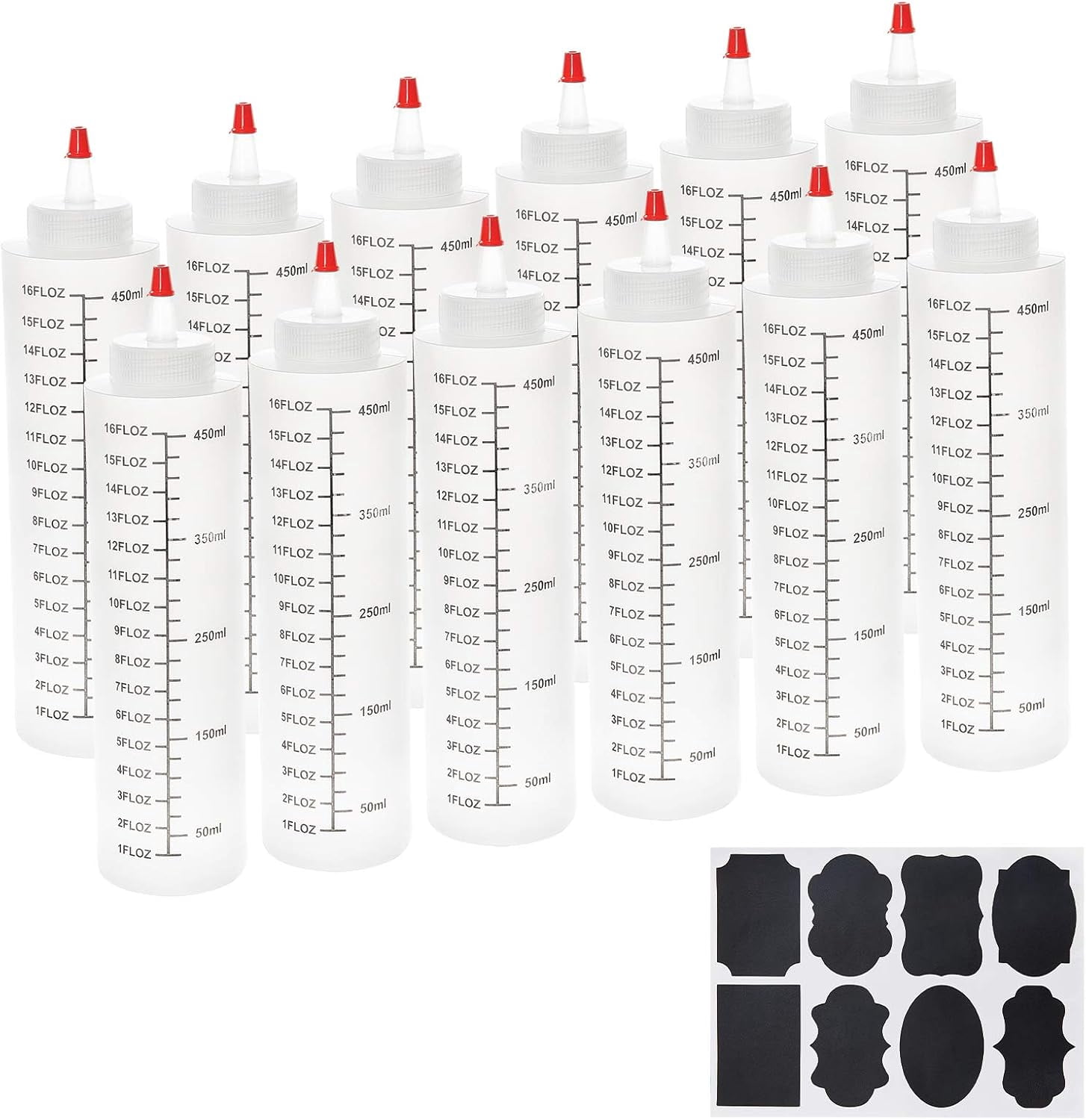 15oz Plastic Squeeze Bottles with Scale Red Tip Cap 450ml Squirt Bottles with Sticker Labels for Glue Acrylic Paint Arts Crafts 12 Pack