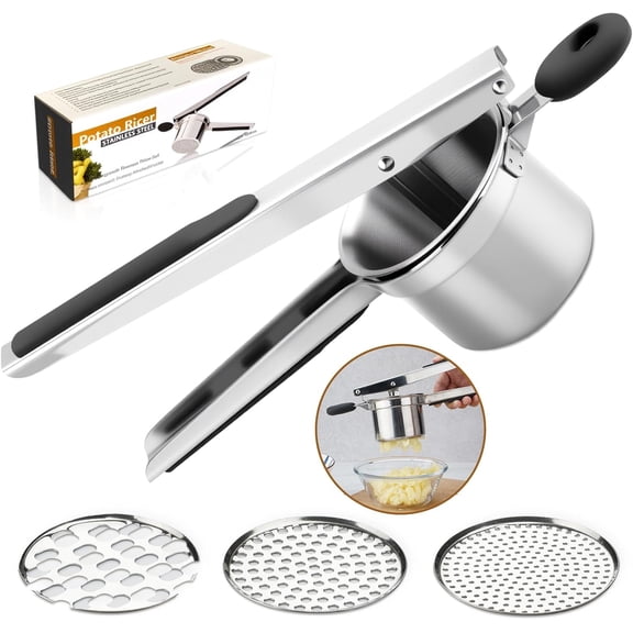 15oz Potato Ricer, Ricer For Mashed Potatoes, Heavy Duty Potato Masher With 3 Interchangeable Discs, Potato Ricer Stainless Steel For Fluffy Mashed Potato, Spaetzle Maker, Potato Press