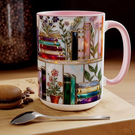 15oz Stained Glass Bookshelf Mug,Ceramic Coffee Mug with Artistic Home Decor Design,Large Capacity Mug for Tea,Hot Chocolate,Office Desk or Book Lovers Gift for Kitchen and Study-A