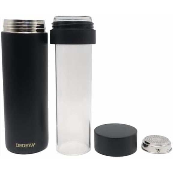 15oz Stainless Steel Vacuum Insulated Water Bottle Glass Lined Thermos (Tea Strainer, Hot/Cold Drinks, Leakproof Car Mug, Black), 209 Home Decor, Kitchen, & Other