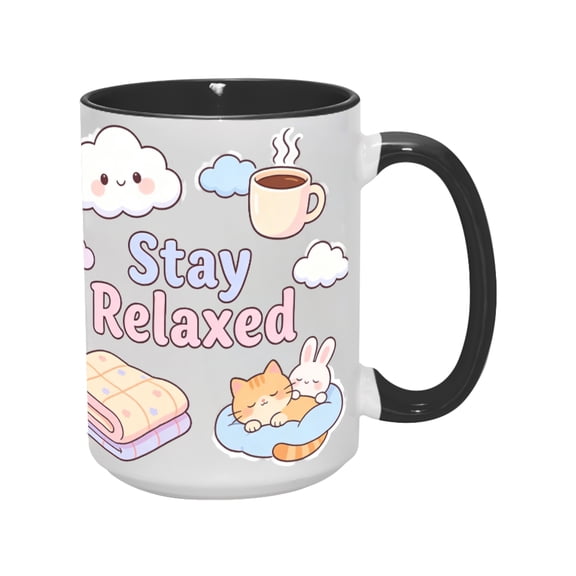15oz "Stay Relaxed" Ceramic Mug – Cute Cloud & Animal Print, Inspirational Coffee Cup for Home & Office