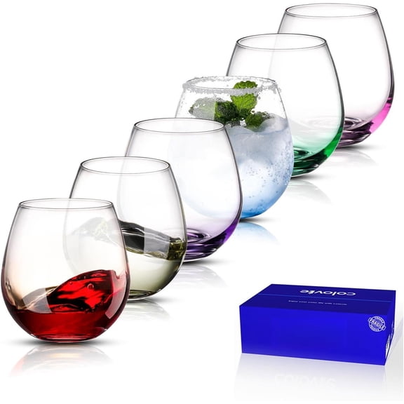 15oz Stemless Glasses Set of 6, Colored Gradient Glass, Iridescent Ombre Glassware for Red & White , Housewarming & Birthday Gifts for Women