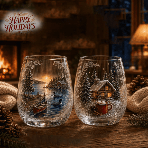 15oz Winter Story Scene Glass Cup, Warm Cabin & Lakeside Pattern Aesthetic Festive Glass Mug, Multipurpose Holiday Glassware for Drink Serving & Home Table Decor, Christmas Xmas Holiday Gift