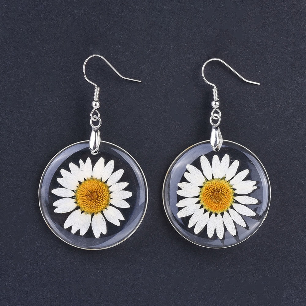 15pairs Alloy Resin Dried Flower Dangle Earrings with Tone Brass Earring Hooks Clear 57mm Pin: 0.7mm