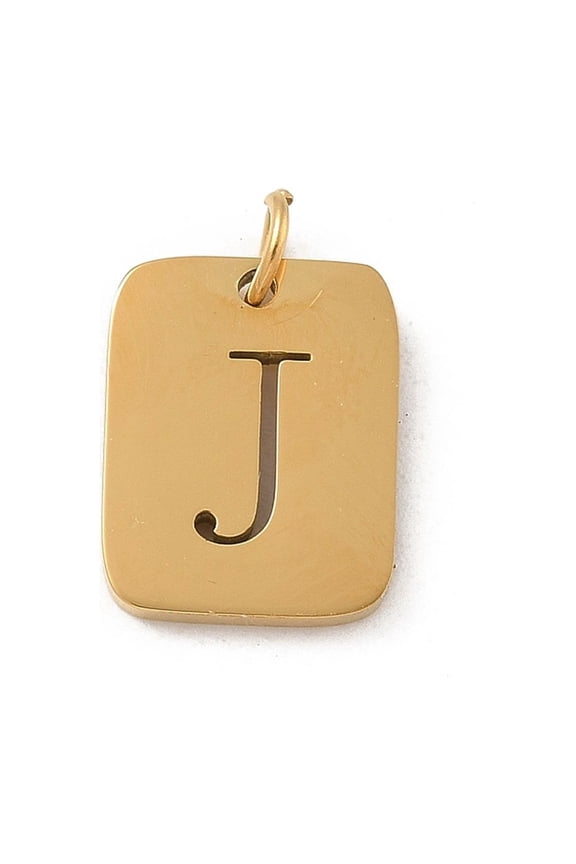 15pc 304 Stainless Steel Charms with Jump Ring Golden Rectangle with Letter Charm Letter J 12.5x9.5x1.5mm Hole: 3mm