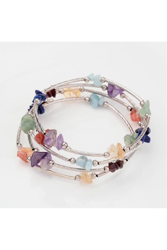 15pc Four Loops Natural Gemstone Beaded Wrap Bracelets with Brass Tube Beads and and Steel Memory Wire
