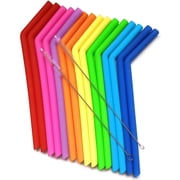 15 Pack Bendable Reusable Silicone Straws with 2 Cleaning Brushes, Rainbow Multi-Color Flexible Drinking Straws, Food Grade Soft Straws for Tumblers, Coffee, Smoothies, Cold Drinks