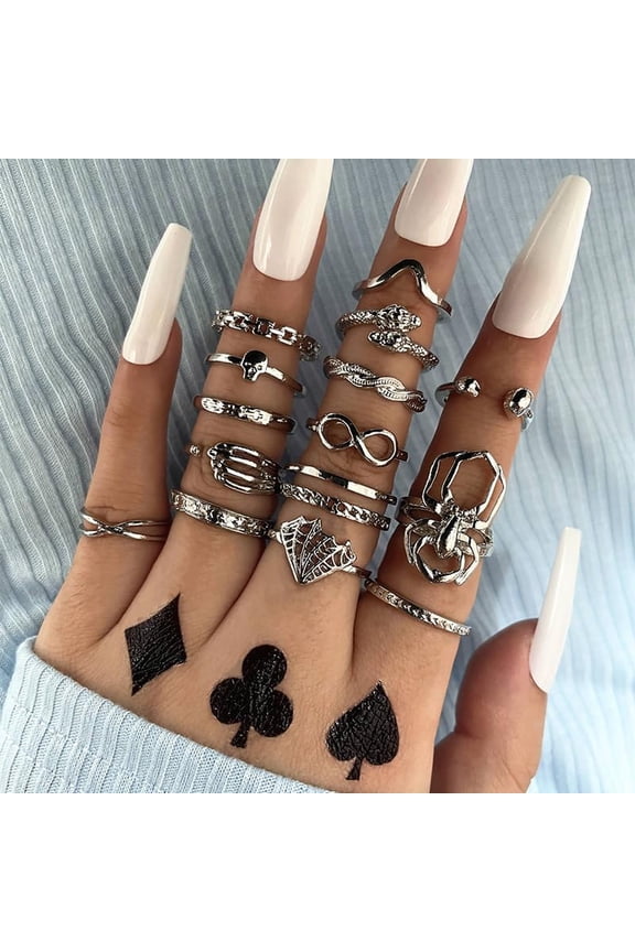 15pcs 15 style Skull & Infinity & Snake & Criss Cross & Spider Alloy Finger Rings set Gothic Stackable Rings for Anqtique Silver Inner Diameter: 15~18mm