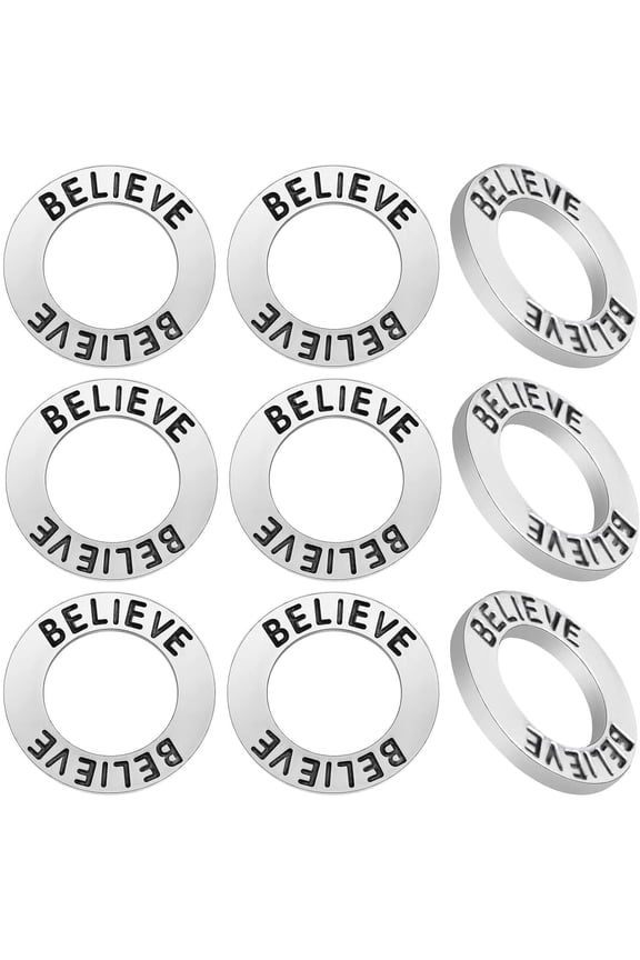 15pcs 18.5 mm Antique Silver Circle Charms Connectors Alloy Round Rings Engraved Words Believe Stamped Pendants for DIY Necklace Bracelet Keychains Jewelry Making