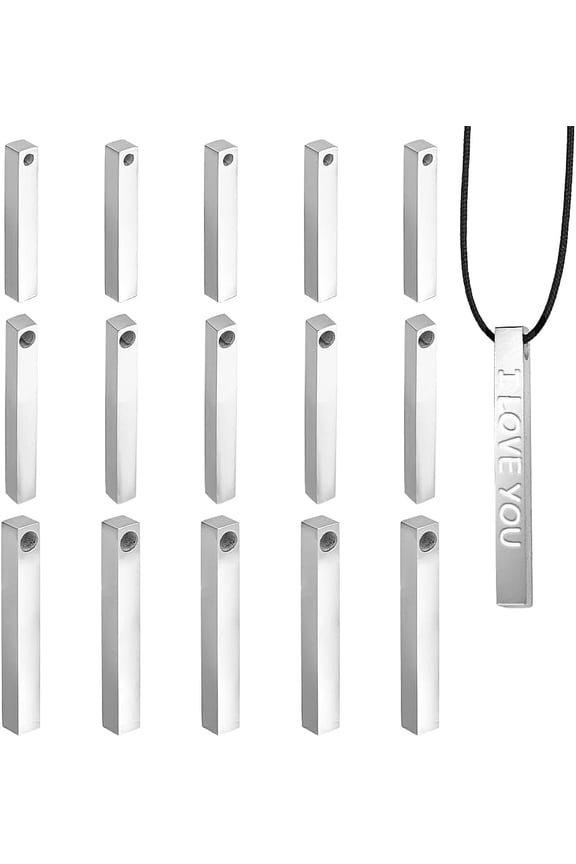15pcs 3 Sizes 3D Rectangle Stamping Blanks 304 Stainless Steel Bar Necklace Blank Bar Engraving Blank Bar Pendants 28/35/40mm Length Polished Pendant