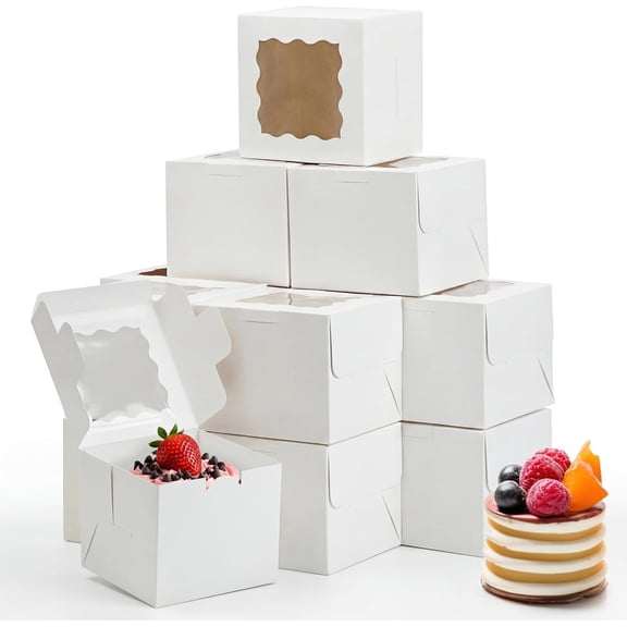 15pcs 6x6x5in Cake Boxes Bakery Carriers, Small Bento Cake Containers Cookie Boxes with Window, White Mini Cupcake Carriers Treat Containers for Dessert, Mother's Day, Valentine's Day