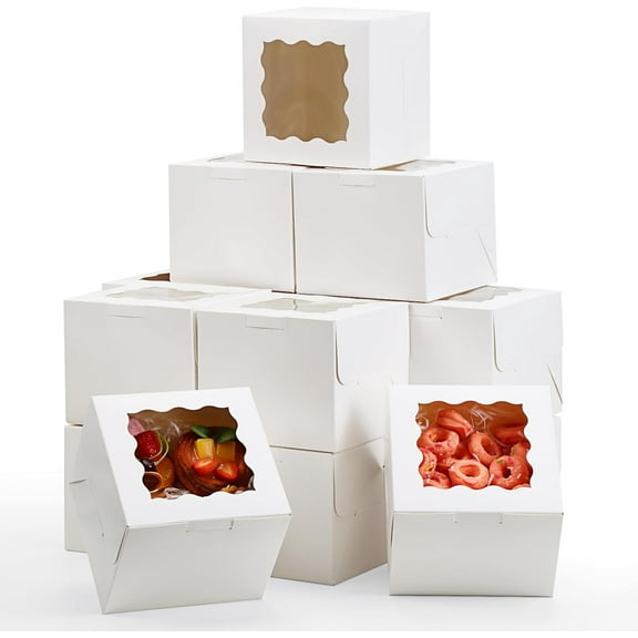 15pcs 6x6x5in Cake Boxes Bakery Carriers, Small Bento Cake Containers Cookie Boxes with Window, White Mini Cupcake Carriers Treat Containers for Dessert, Mother's Day, Valentine's Day