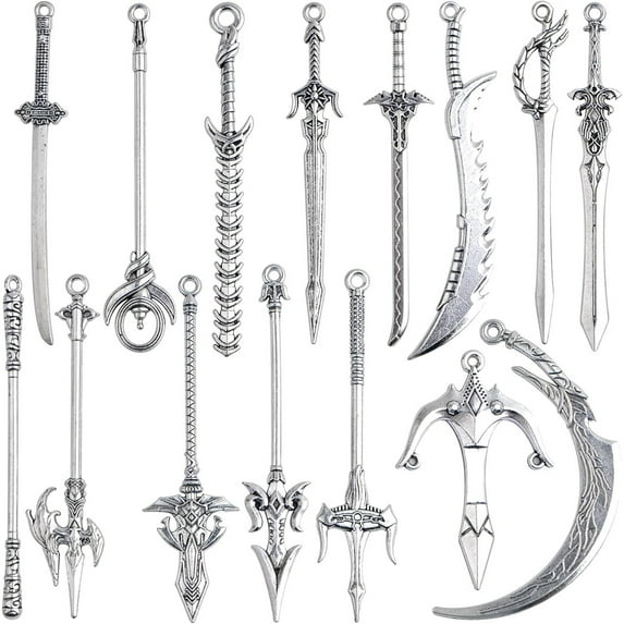 15pcs Antique Silver Sword Bookmark Charms Vintage Alloy Mixed Sword Knife Fencing Pendants Craft Supplies for Book Lovers DIY Necklace Bracelace Jewelry Making, 15 Styles
