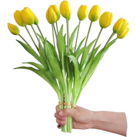 15pcs Artificial Tulip Flowers, Real Touch Latex Tulip Bouquets, Fake Tulip Bouquets for Wedding Parties Home Kitchen Shop Garden Decorations (15, Yellow)