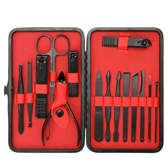 15pcs Black Stainless Steel Nail Clipper Cutter Trimmer Scissor Tweezers Ear Pick Grooming Kit Manicure Pedicure Toe Tools