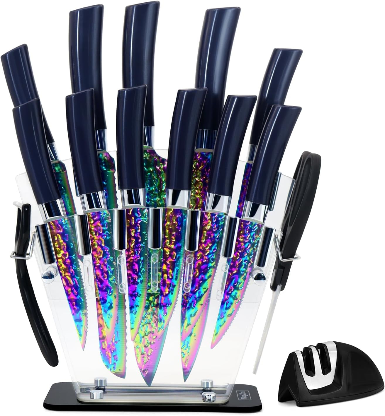 15pcs Blue Kitchen Knife Set, Rainbow Titanium Knife Block Set, High