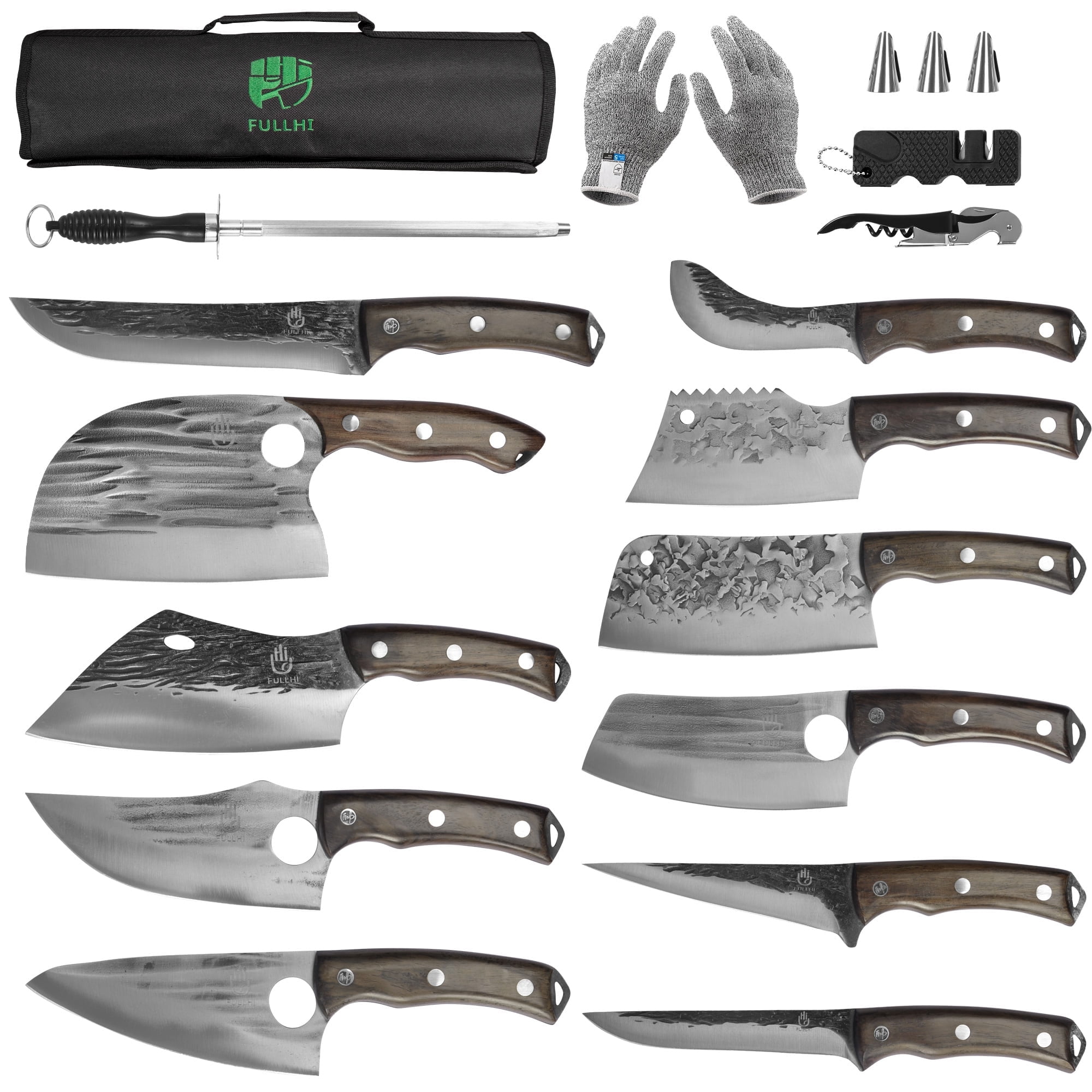 15pcs Butcher Knife Set with sheath High Carbon Steel Cleaver Kitchen Full Tang Chef Knife Set Vegetable Cleaver Home BBQ Camping with Knife Bag Gift For Men and Women