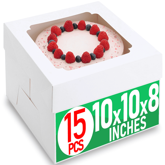 15pcs Cake Boxes, 10x10x8 Inches Tall Cake Box with Window, White Bakery Boxes, Large Baking Boxes, Square Cardboard Cake Box for Multi-Layer Cakes, Cake Decorating Supplies for Gift Giving