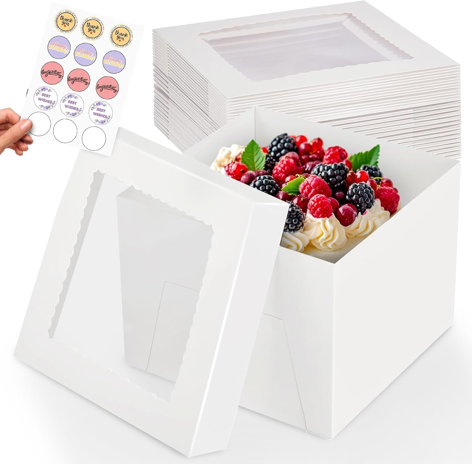 15pcs Cake Boxes, 8x8x8 Inches Tall Cake Box with Window, Large White ...