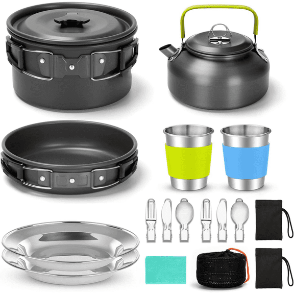 15pcs Camping Cookware Mess Kit, Non-Stick Lightweight Pot Pan Kettle Set with Stainless Steel Cups Plates Forks Knives Spoons for Camping, Backpacking, Outdoor Cooking and Picnic