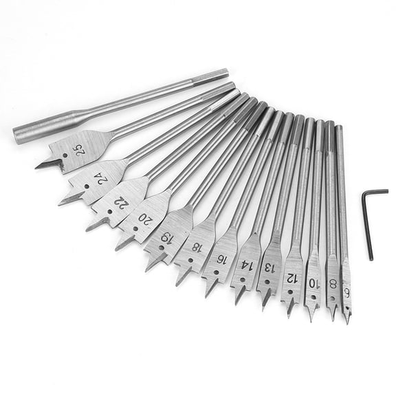15pcs Carbon Steel Hex Shank Spade Flat Wood Drill Bit Set 6-25mm / 0.24-0.98 inches, High Efficiency Wood Drilling Tool