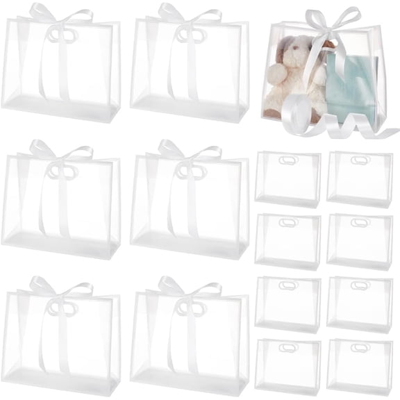 15pcs Clear Plastic Gift Bags with Ribbon Reusable Rectangle Frosted PP Bag for Graduation Wedding Bridal Birthday Baby Shower Party Business 31x25x13cm