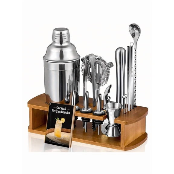 (15pcs)Cocktail Shaker Set Bartender Kit With Stand | Bar Set Drink Mixer Set With All Essential Accessory Tools: Martini Shaker, Jigger, Strainer, Mixer Spoon, Muddler, Liquor Pourers |Silver
