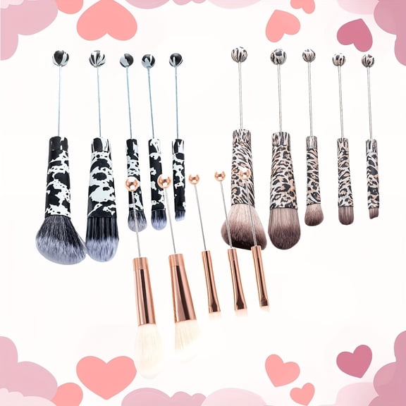 15pcs DIY Metal Handle Beadable MakeupBrush Set, BeautyTools, IncludesPowder Blusher Brush, Slant Head Eye