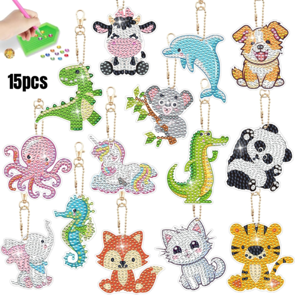 15pcs Diamond Art Keychains, DIY Handmade Double Sided Diamond Art Kits, Animal for Keychains Phone Straps Bag Decoration with Painting Tools