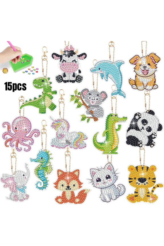 15pcs Diamond Art Keychains, DIY Handmade Double Sided Diamond Art Kits, Animal for Keychains Phone Straps Bag Decoration with Painting Tools