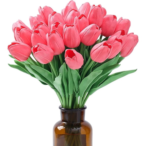 15pcs Fake Tulips Artificial Flowers Real Touch Pink 14" PU Flower for Home Kitchen Decor Spring Easter Wedding Bouquet Decorations Office Valentine's Day Gifts.