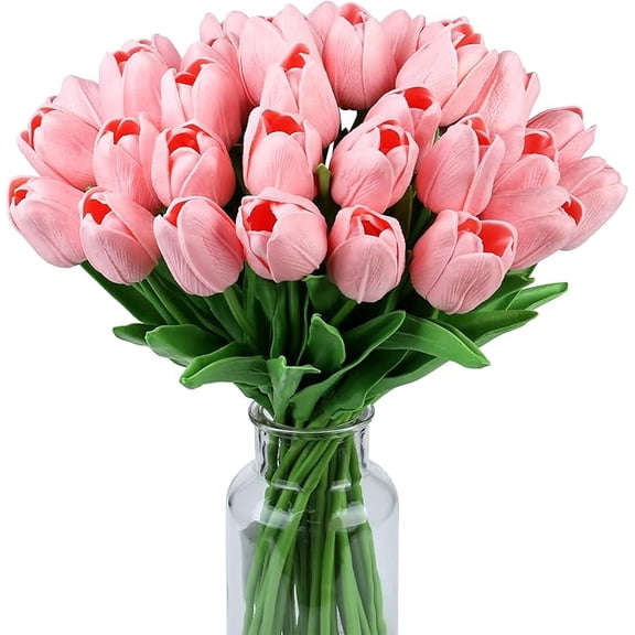 15pcs Fake Tulips Artificial Flowers Real Touch Pink 14" PU Flower for Home Kitchen Decor Spring Easter Wedding Bouquet Decorations Office Valentine's Day Gifts.