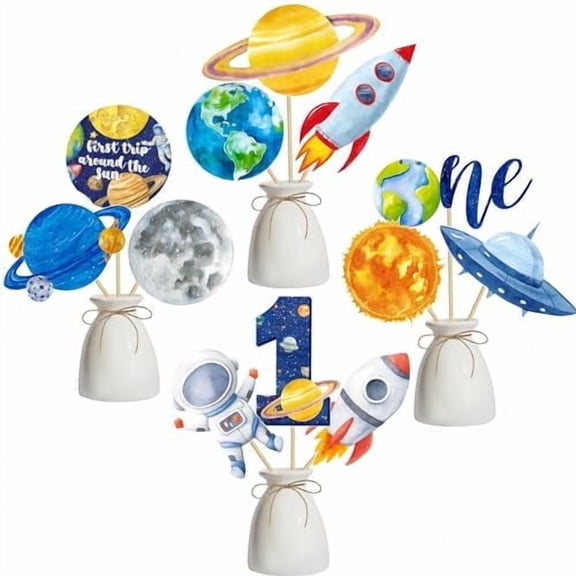 15pcs First Trip Around The Sun Centerpieces Sticks for Outer Space 1st Birthday Party Decorations First Trip Around The Sun Decorations for Astronauts Solar System Planets Theme Party Supplies