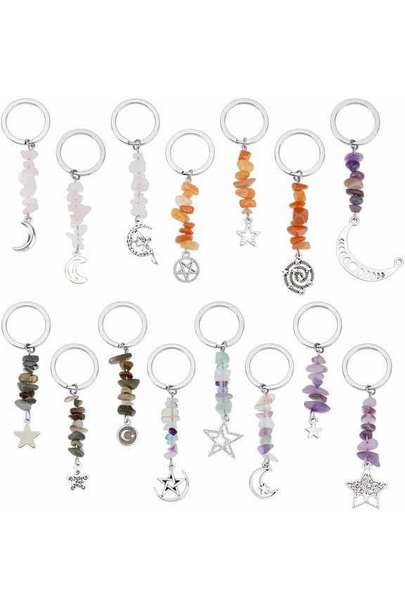 15pcs Gemstone Keychain Moon Stars Charm Key Decoration Tree of Life Charm Stone Keychain for DIY handcrafting