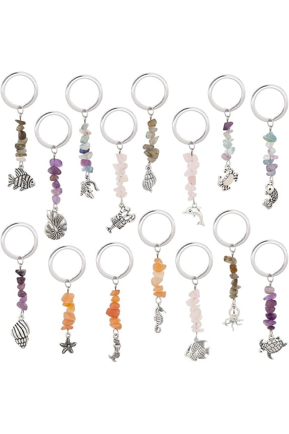15pcs Gemstone Keychain Sea Animal Charm Keyring Shell Charm Pendants Key Chain with Split Keyring for Handbag Purse one Car Keys Birthday Christmas Party Favor Supplies