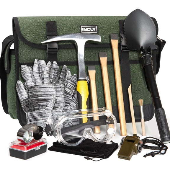 15pcs Geology Rock Pick Hammer Kit, 32oz Hammer & 3pcs Digging Chisels Set for Rock Hounding, Golden Mining & Prospecting Equipment Tool Gear Shovel Musette Bag, Compass, Whistle, Wooden Chisel