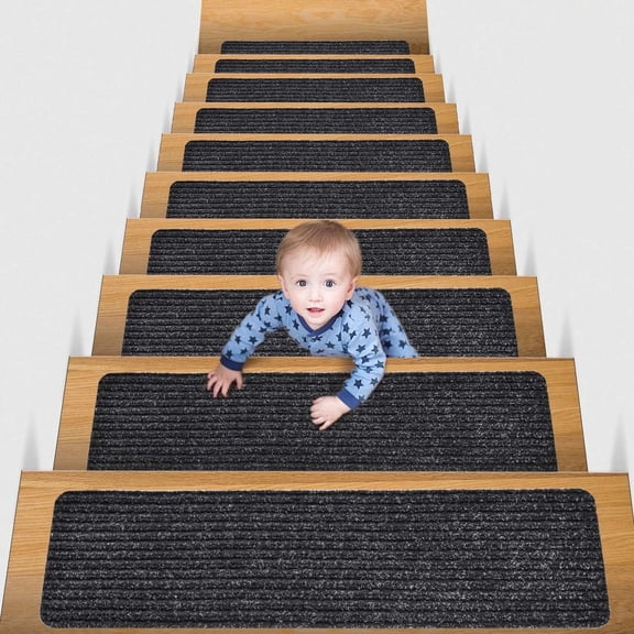 15 Pack Gijjgole Edging Stair Treads Non-Slip Carpet Mat 30inX8in Indoor Stair Runners for Wooden Steps, Edging Stair Rugs for Kids and Dogs, 100% Polyester TPE Backing, Black
