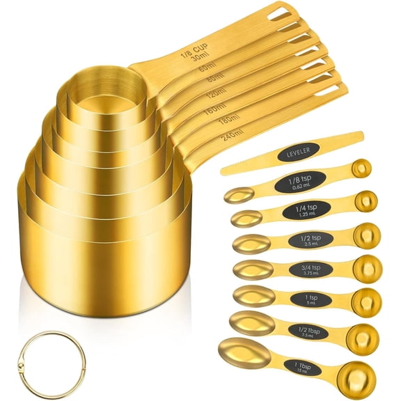 Minteem 15pcs Gold Magnetic Measuring Spoons and Cups Set, Stainless Steel 8 Dual Sided Magnetic Measuring Spoons set with Leveler, 7 Cups, Measurement for Liquid and Dry Ingredients for Kitchen
