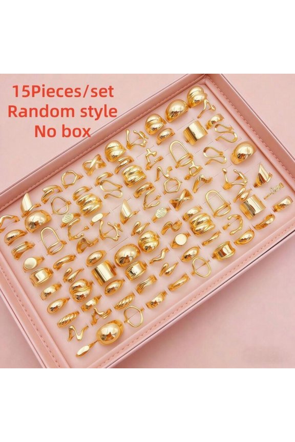 15pcs Gold Stainless Steel Ring Set: Asymmetrical Geometric Liquid Shape Wavy Textured Stackable Rings