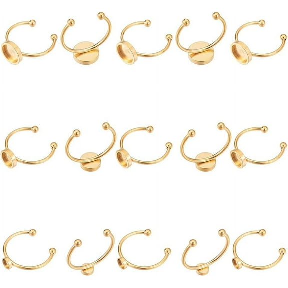 15pcs Golden Blank Dome Adjustable Open Finger Ring 4~8mm Tray Stainless Steel Cuff Pad Finger Ring Metal Cuff Bezel Rings Set for Ring Making DIY